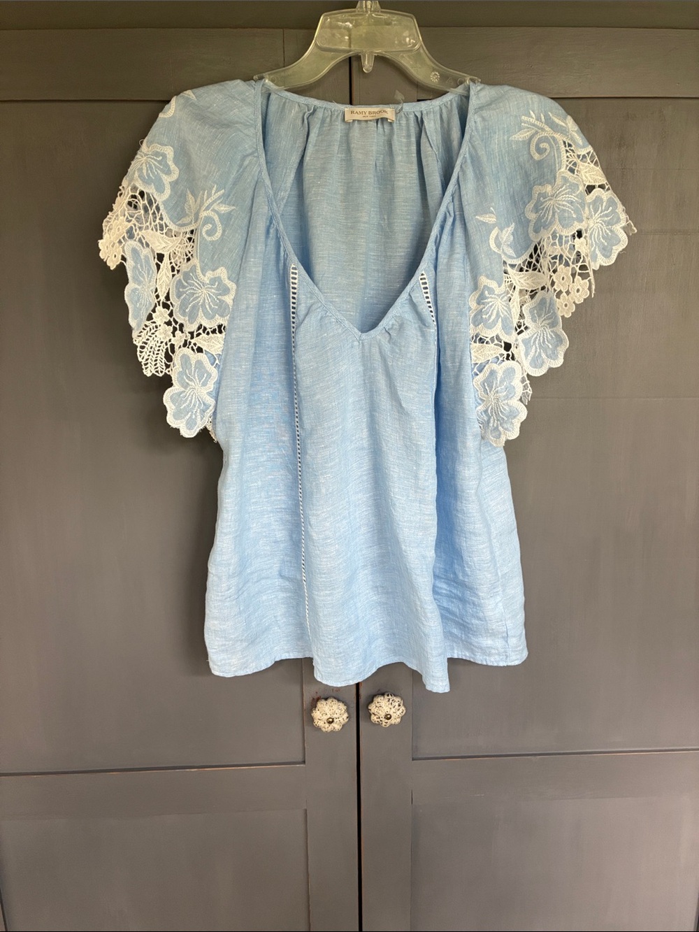 Ramy Brook large linen Light Blue  Lace Sleeve V-Neck Top